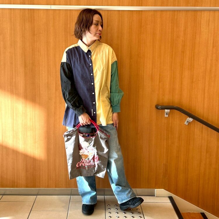 iriey北広島店限定BIGカラーシャツ×Cafettyリメイクワイドデニム